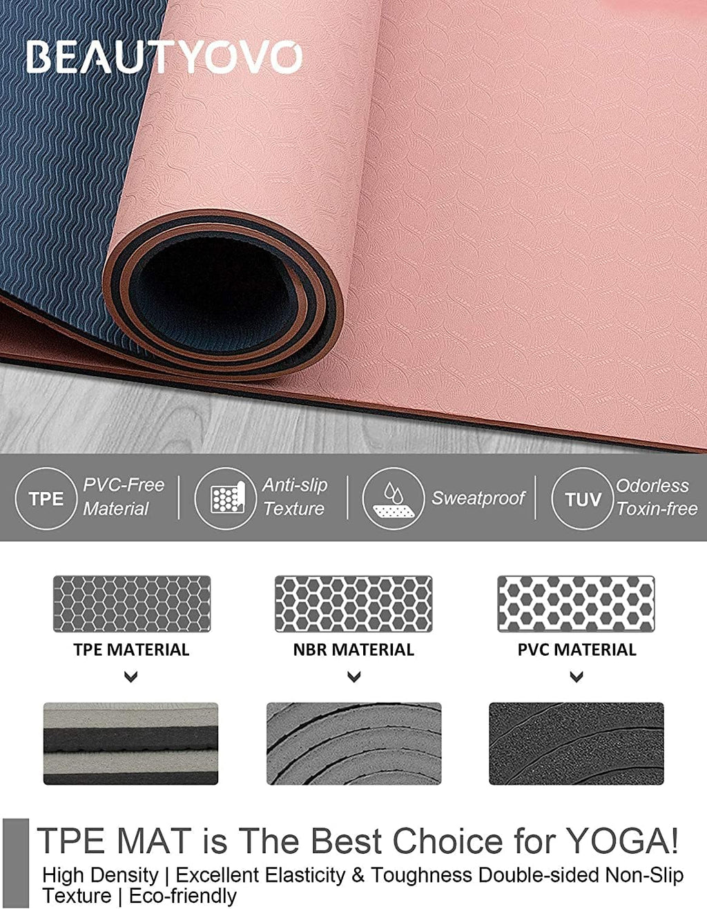 Yoga Mat with Carrying Strap, 1/3-Inch Extra Thick Non-Slip TPE Exercise Mat, Double-Sided Professional Yoga Mat for Women and Men, Workout Mat for Yoga, Pilates and Floor Exercises