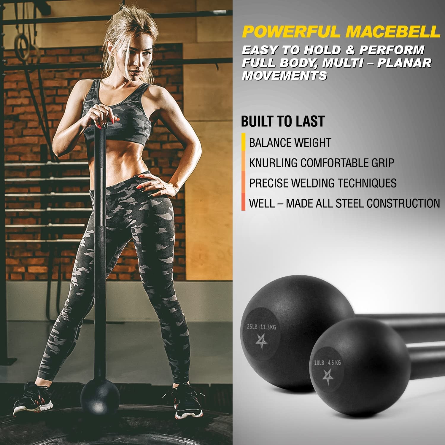 Steel Mace Bell for Strength Training, Full Body Workout Mace for Shoulder, Core, Grip and Forearm Exercises, Functional Fitness Equipment for Men & Women, 15lb