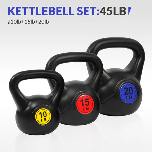 3-Piece Kettlebell Weight Set with Wide Grip Handles, 10 lb, 15 lb & 20 lb Kettlebells for Strength Training, Home Gym, Full Body Workouts and Fitness Exercises