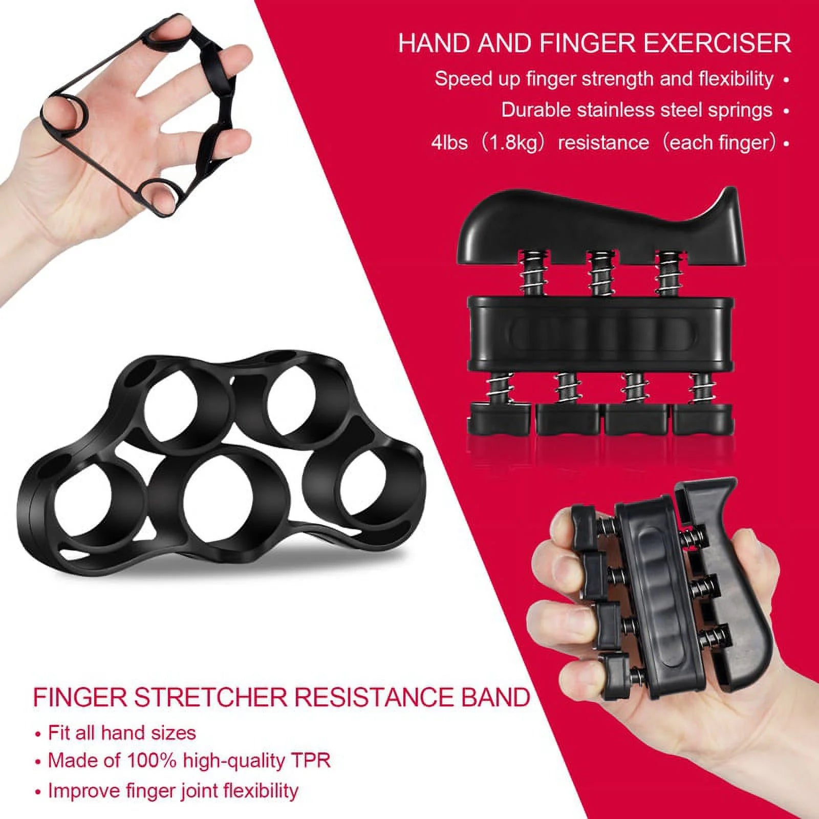 6-Piece Hand Grip Strengthener Kit, Adjustable Hand Gripper (22-132 lbs) with Finger Exerciser, Finger Stretcher, Grip Ring and Stress Relief Ball for Forearm, Hand and Grip Strength Training