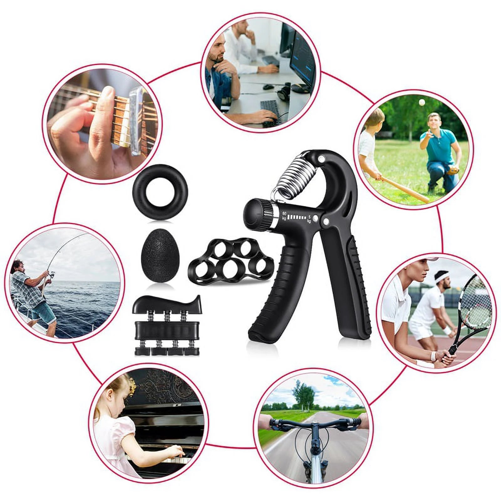 6-Piece Hand Grip Strengthener Kit, Adjustable Hand Gripper (22-132 lbs) with Finger Exerciser, Finger Stretcher, Grip Ring and Stress Relief Ball for Forearm, Hand and Grip Strength Training