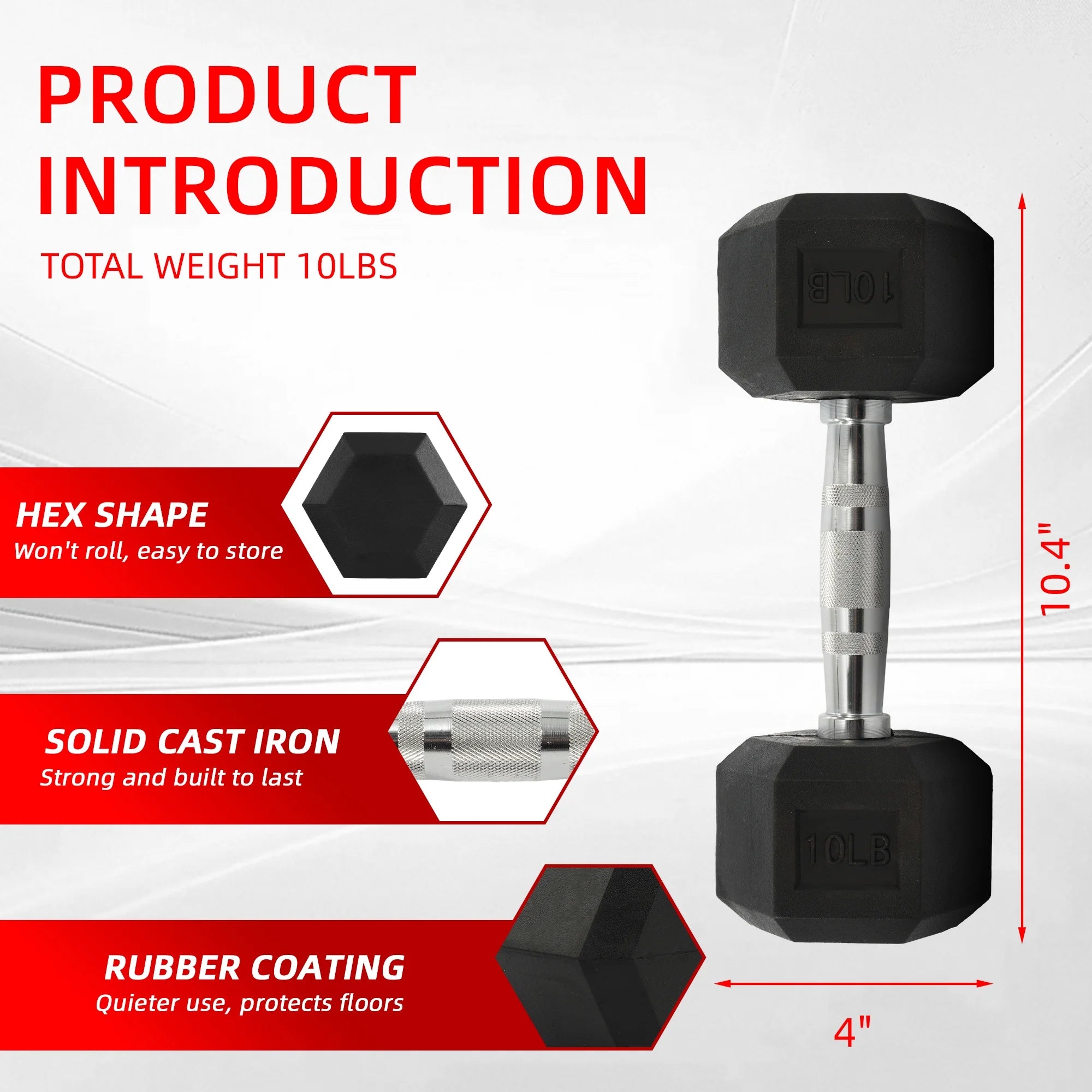 10 lb Rubber Hex Dumbbell, Rubber Encased Hand Weight with Ergonomic Grip Handle, Anti-Roll Hex Design for Strength Training, Home Gym and Fitness Workouts, Black