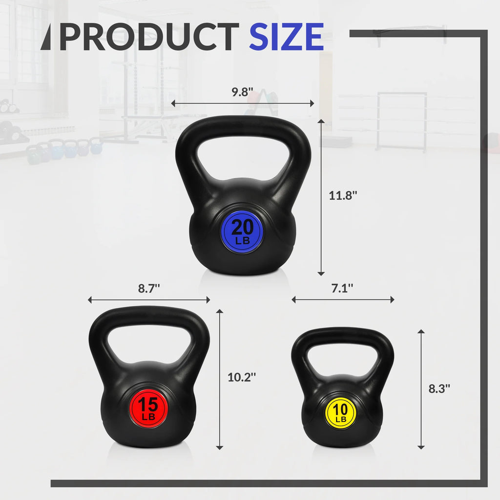 3-Piece Kettlebell Weight Set with Wide Grip Handles, 10 lb, 15 lb & 20 lb Kettlebells for Strength Training, Home Gym, Full Body Workouts and Fitness Exercises