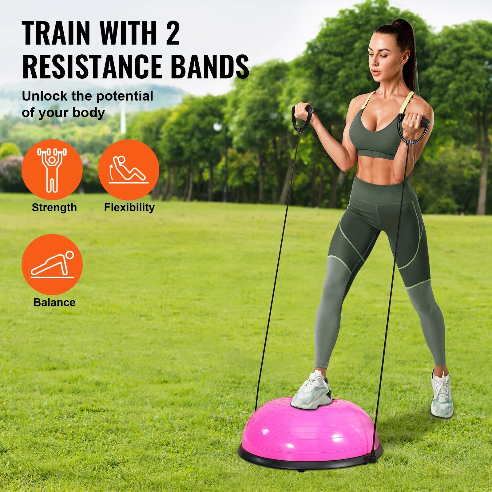 23-Inch Half Balance Ball Trainer with Resistance Bands and Foot Pump, Stability Trainer with 660 lb Weight Capacity for Core Strength, Balance and Full Body Home Workouts