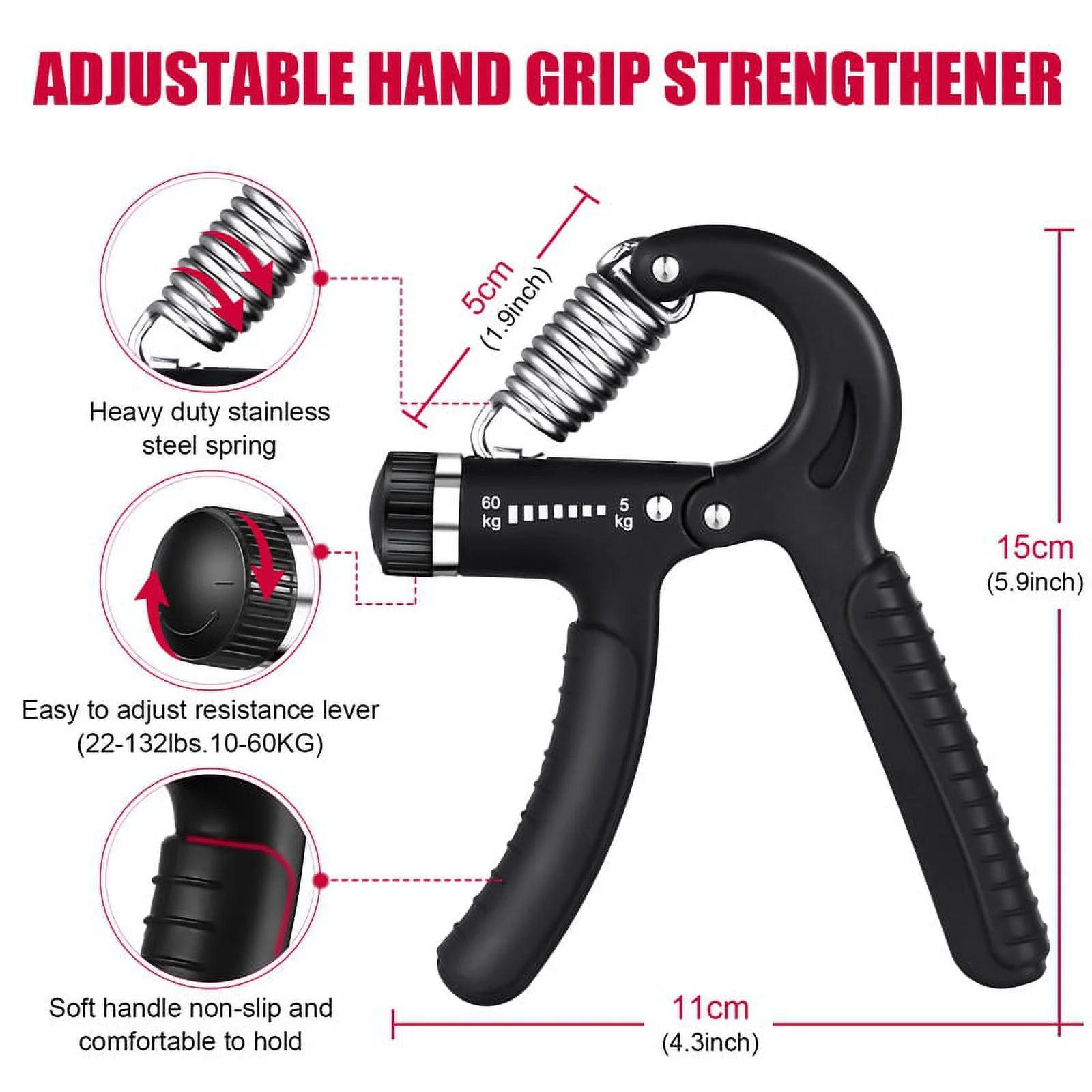 6-Piece Hand Grip Strengthener Kit, Adjustable Hand Gripper (22-132 lbs) with Finger Exerciser, Finger Stretcher, Grip Ring and Stress Relief Ball for Forearm, Hand and Grip Strength Training