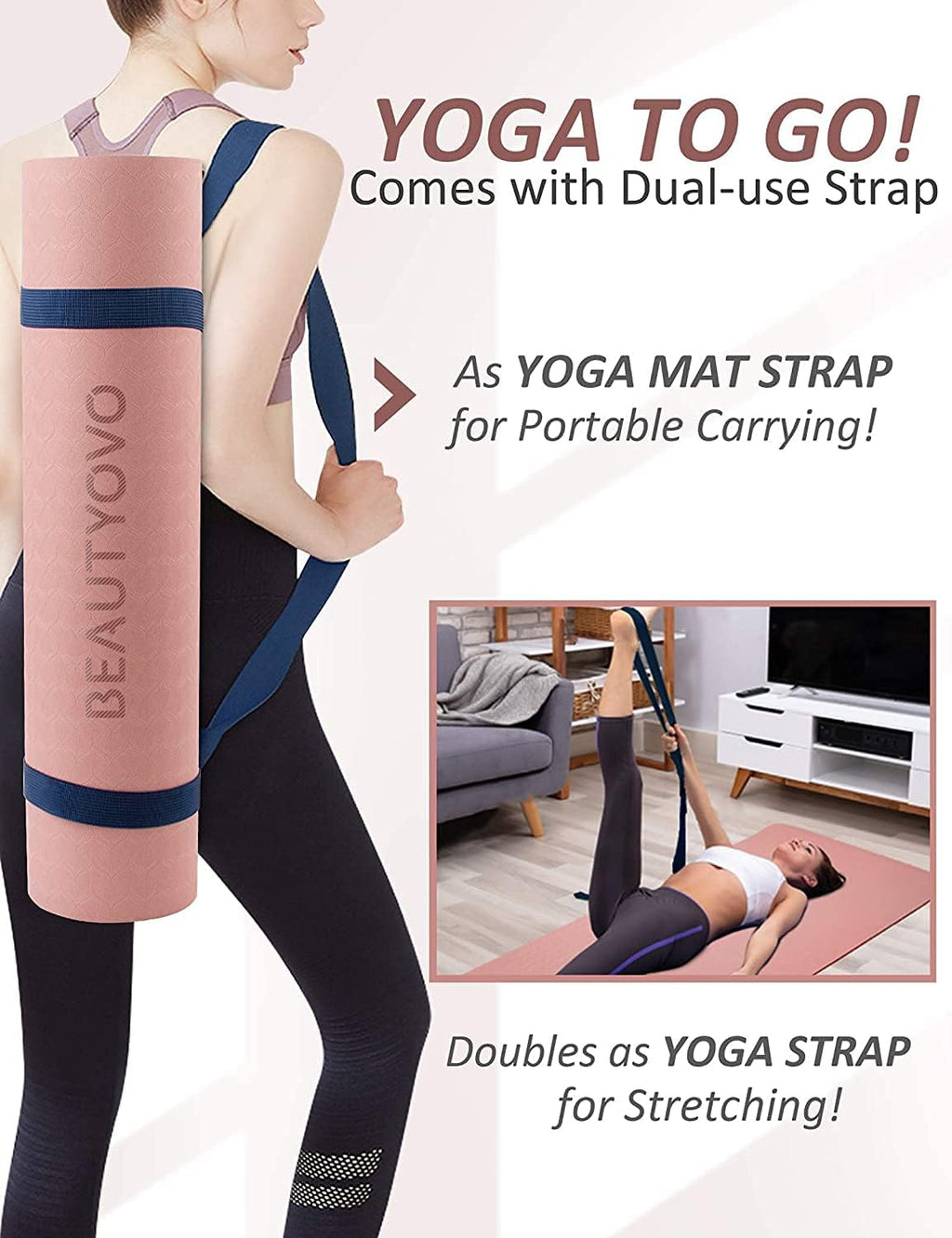 Yoga Mat with Carrying Strap, 1/3-Inch Extra Thick Non-Slip TPE Exercise Mat, Double-Sided Professional Yoga Mat for Women and Men, Workout Mat for Yoga, Pilates and Floor Exercises