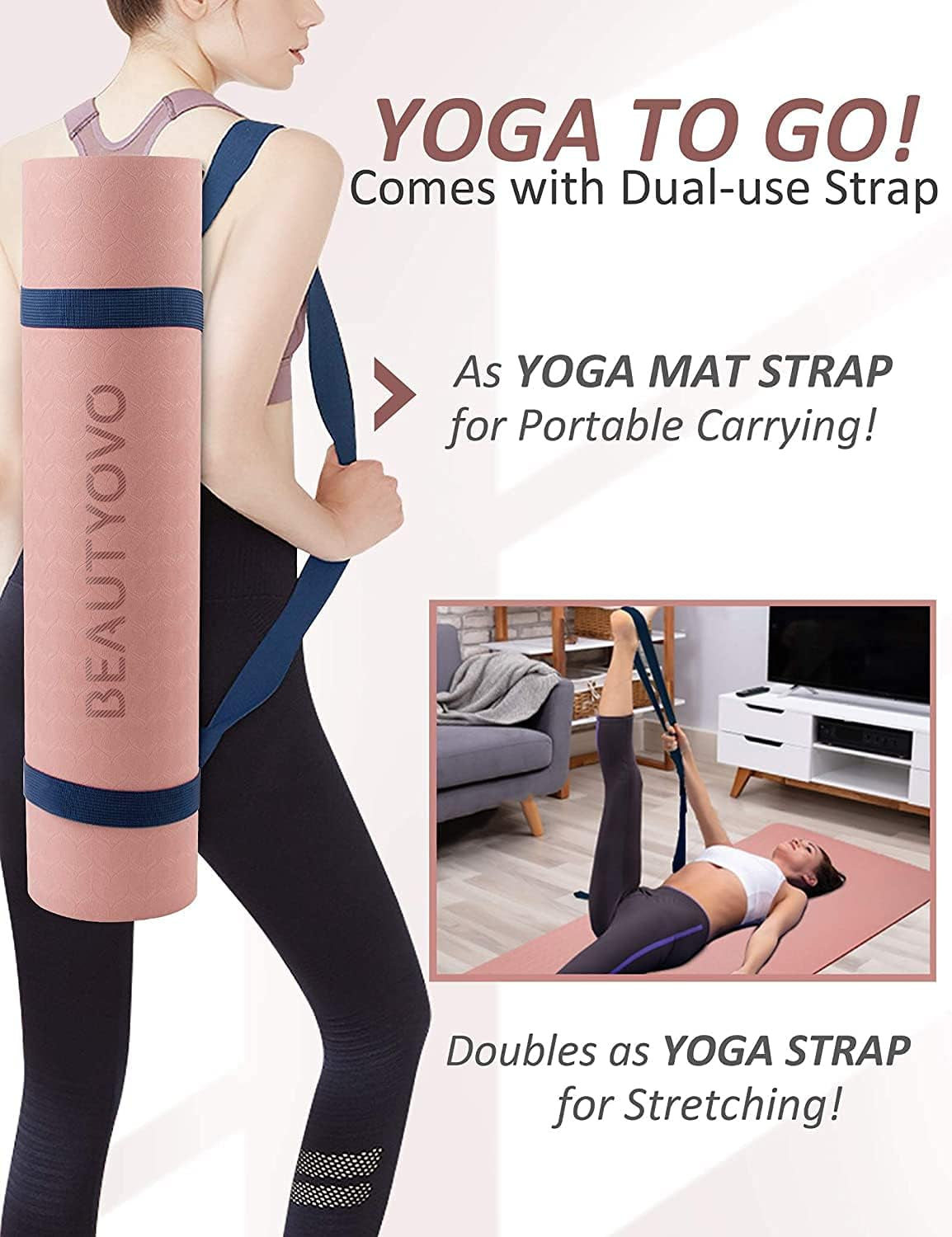 Yoga Mat with Carrying Strap, 1/3-Inch Extra Thick Non-Slip TPE Exercise Mat, Double-Sided Professional Yoga Mat for Women and Men, Workout Mat for Yoga, Pilates and Floor Exercises