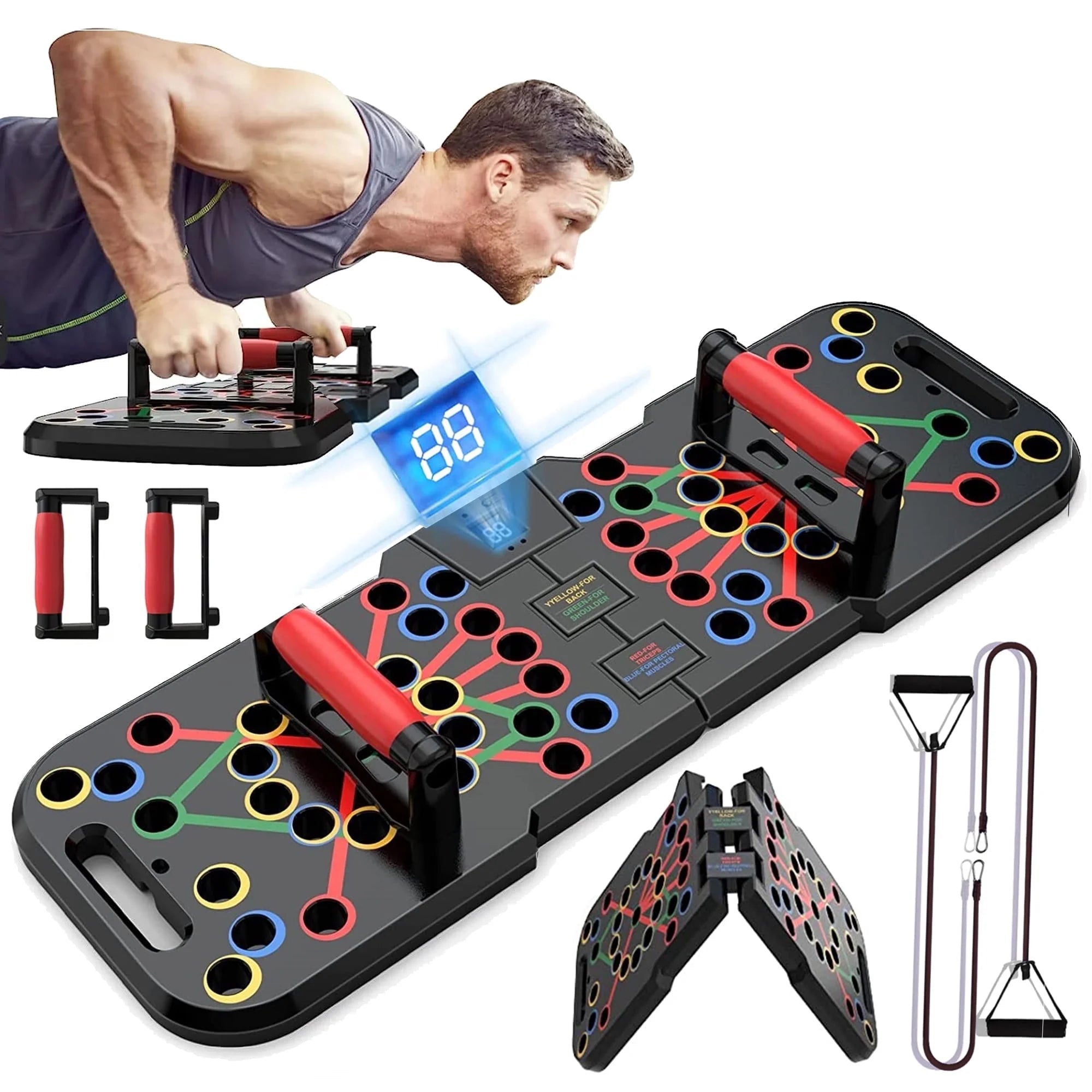 60-in-1 Push Up Board with Smart Counter, Foldable Push Up Handles and Multi-Function Push Up Bar System, Portable Home Gym Equipment for Strength Training and Full Body Workouts for Men