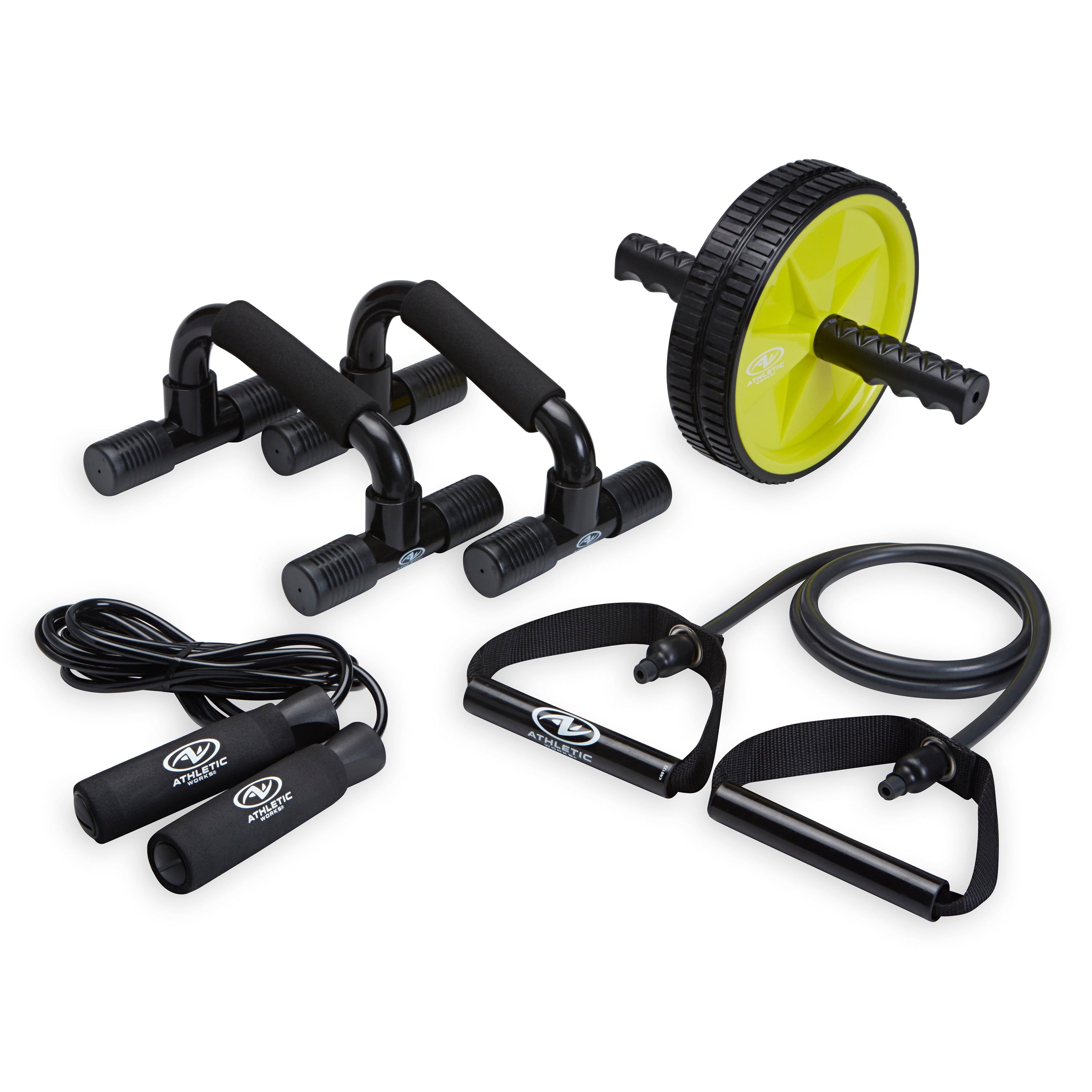 Home Gym Workout Kit with Resistance Tube, Ab Roller Wheel, Jump Rope and Push-Up Bars, Portable Fitness Equipment Set for Full Body Strength Training and Home Exercise